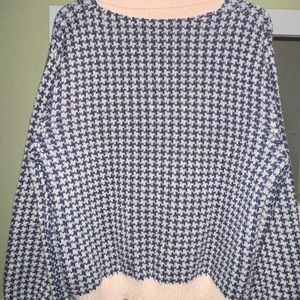 Houndstooth Pattern Contrast Collar Lantern Sleeve Sweater